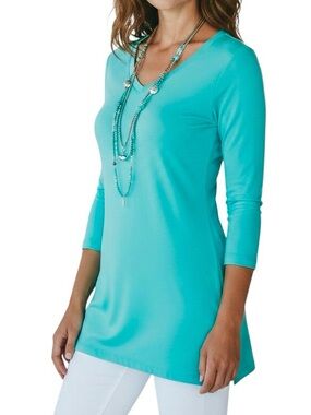 Judy P Top Tropical Tone Aqua Turquoise Microfiber V-Neck Long Sleeve Sz S